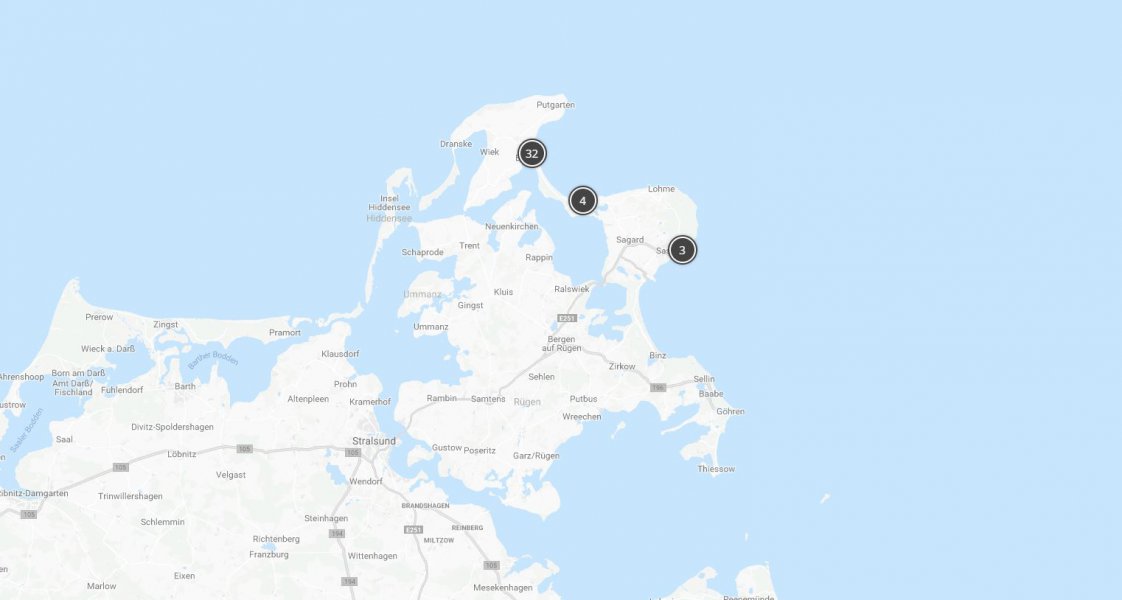 Landkarte Rügen mit Ferienobjekten der Femaris